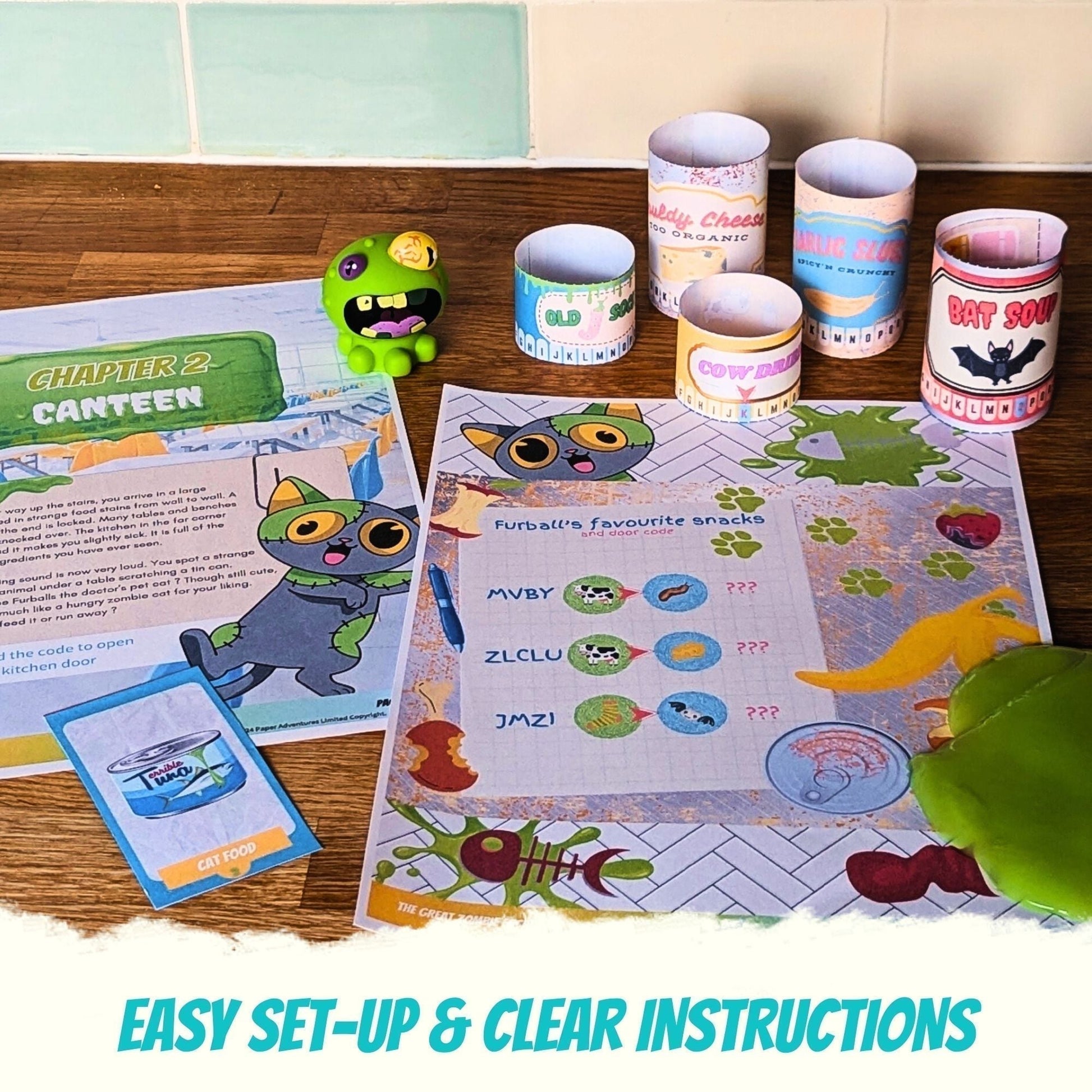 Escape Room for Kids at home : Great Zombie Escape Halloween children party game - cantine cat food puzzle