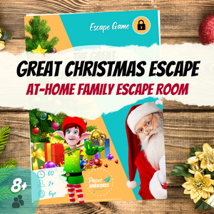 Christmas Escape Room Game family DIY Printable Game Kit for Kids at Home from Paper Adventures, Print & Play diy printable game for children - The great Christmas escape, a festive game where santa needs help to save christmas - cover of game