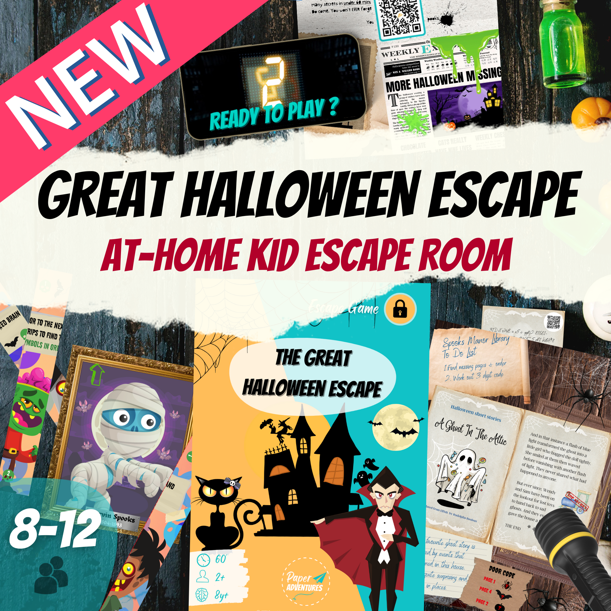 Escape Room Game kit for kids perfect for children birthday parties : Great Halloween Escape. Home family spooky trick or treat activity - cover