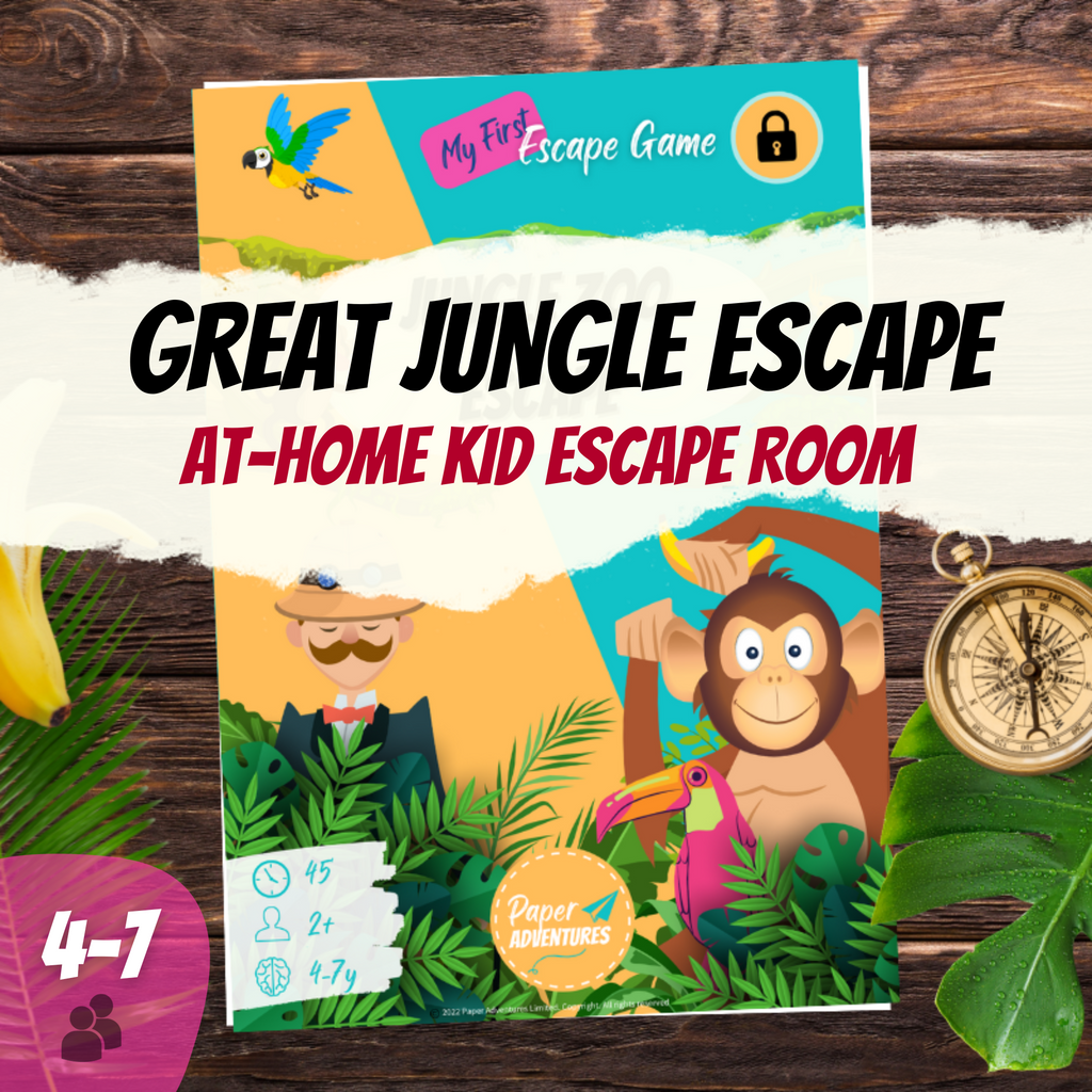  Escape Room Game kit for kids perfect for children birthday parties : Great Jungle Escape. Home family safari monkey zoo activity - cover