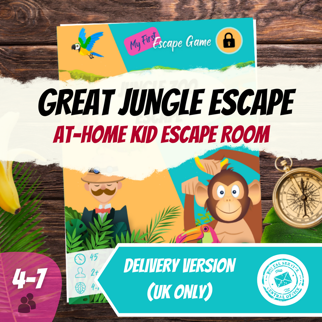Escape Room Game kit for kids perfect for children birthday parties : Great Jungle Escape. Home family safari monkey zoo activity - cover