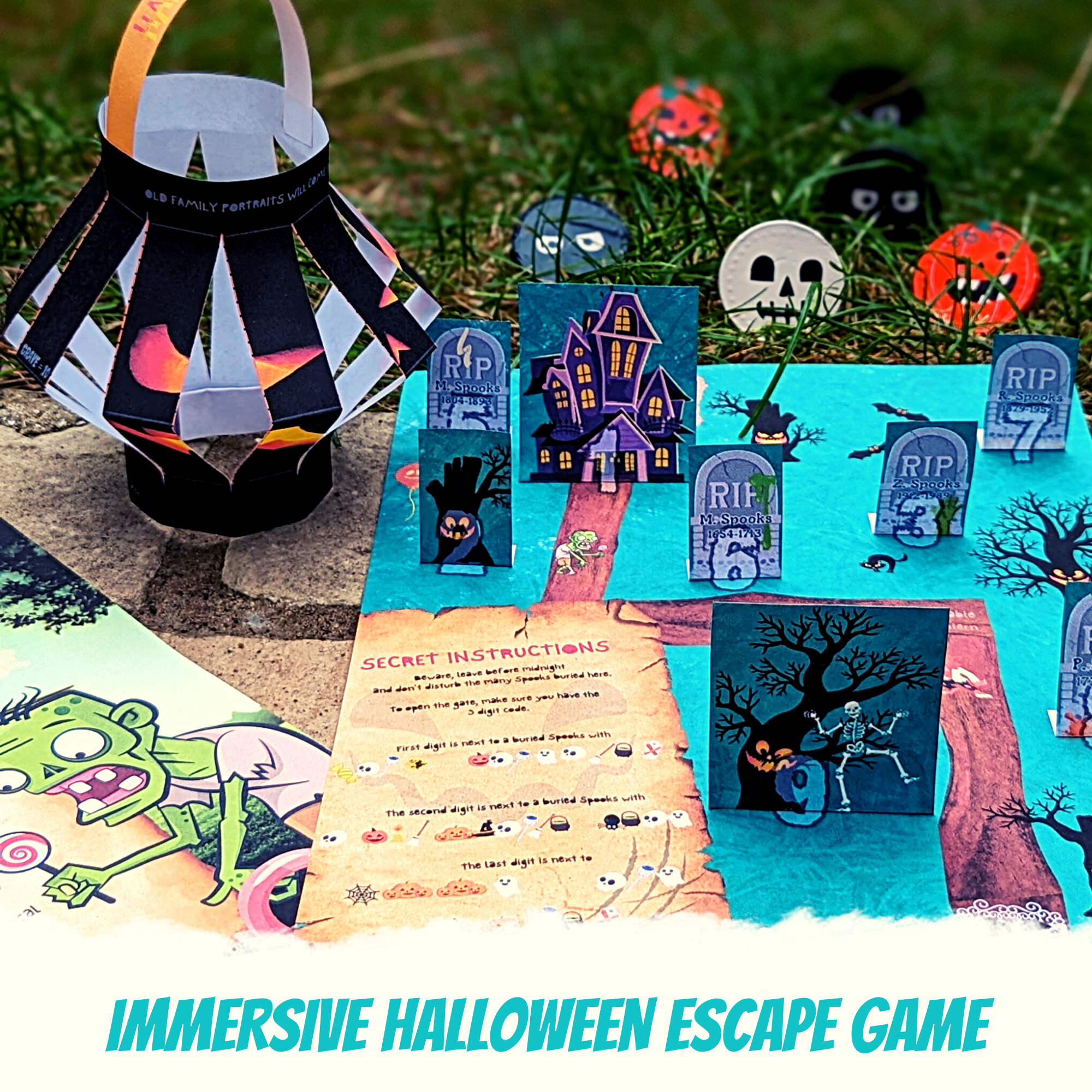 Escape Room Game kit for kids perfect for children birthday parties : Great Halloween Escape. Home family spooky trick or treat activity - RIP zombie cemetery puzzle