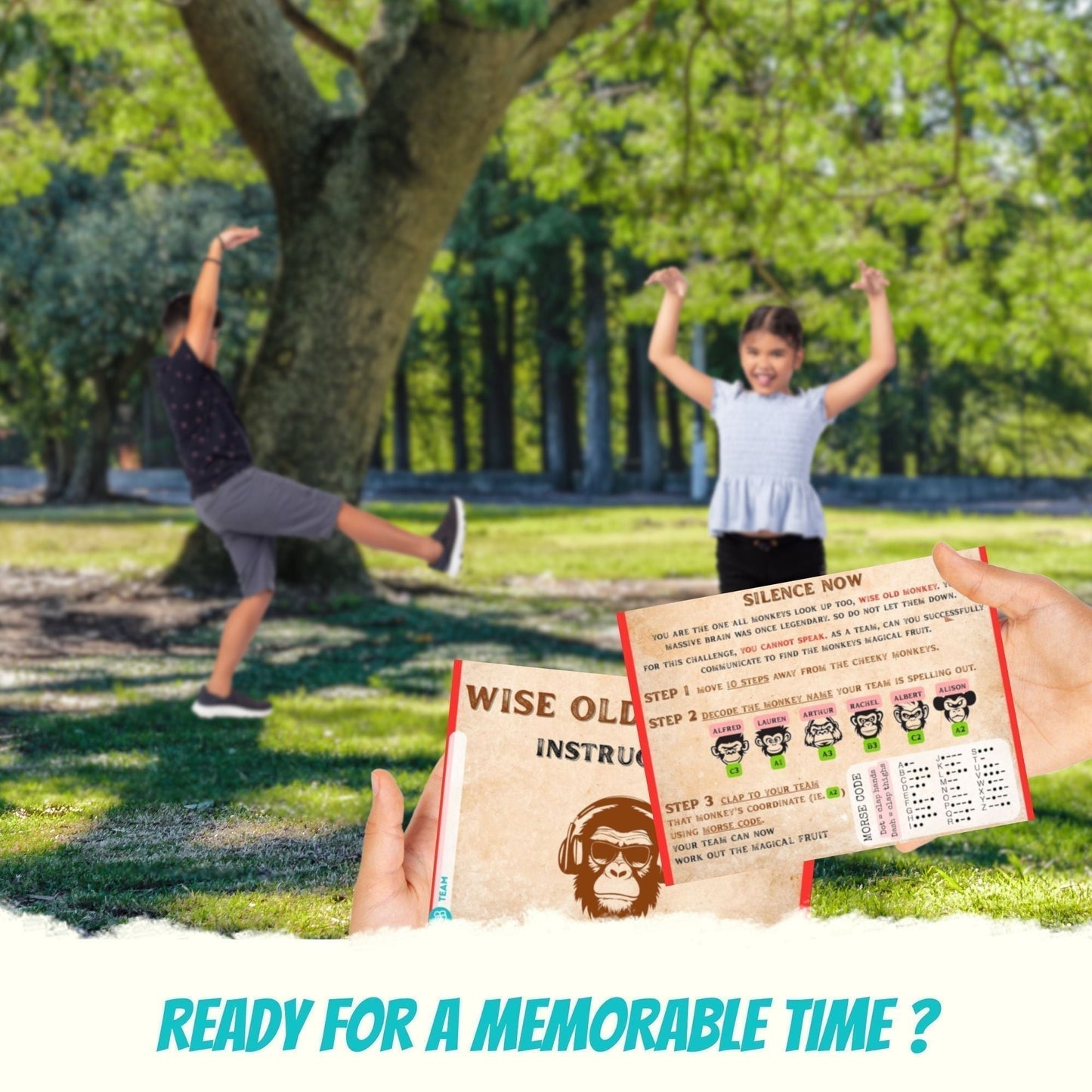 Escape Room for kids and escape game at home perfect for children birthday parties : Great Outdoor Escape summer camp children party game - monkey challenge morse code