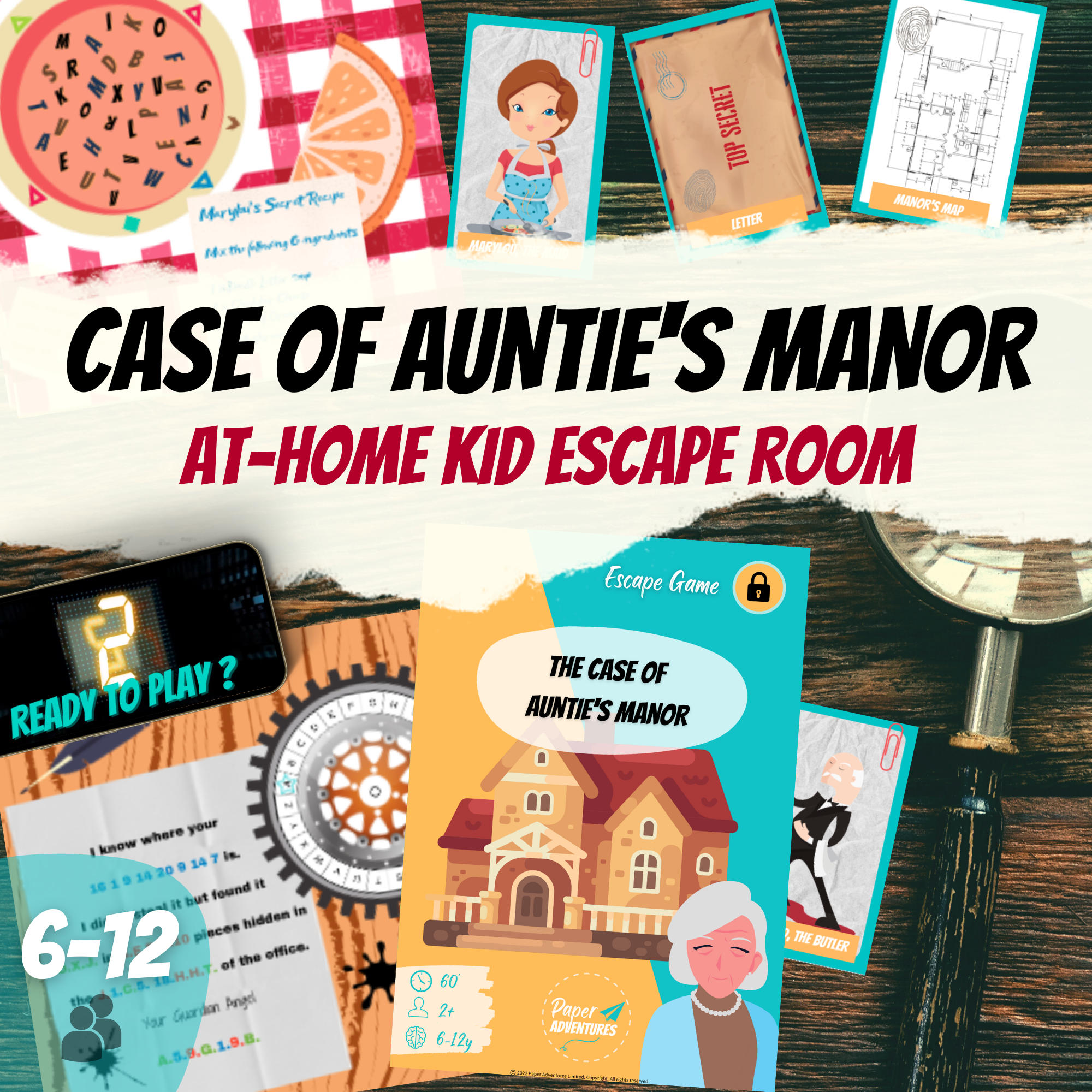 Escape Room Game kit for kids perfect for children birthday parties : Case of Auntie's Manor. Home family detective clue mystery who dunnit activity - cover