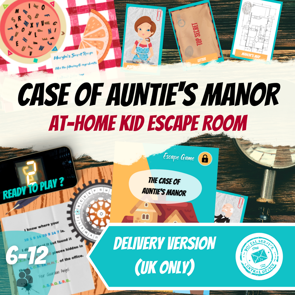 Escape Room Game kit for kids perfect for children birthday parties : Case of Auntie's Manor. Home family detective clue mystery who dunnit activity - cover