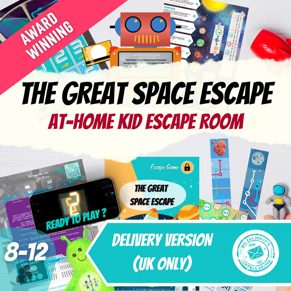 Escape Room Game kit for kids perfect for children birthday parties : Great Space Escape. Home family galaxy and star themed activity - cover