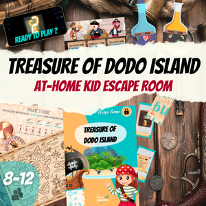 Escape Room Game kit for kids perfect for children birthday parties : Treasure of Dodo Island. Home family pirate caribbean treasure hunt  activity - cover