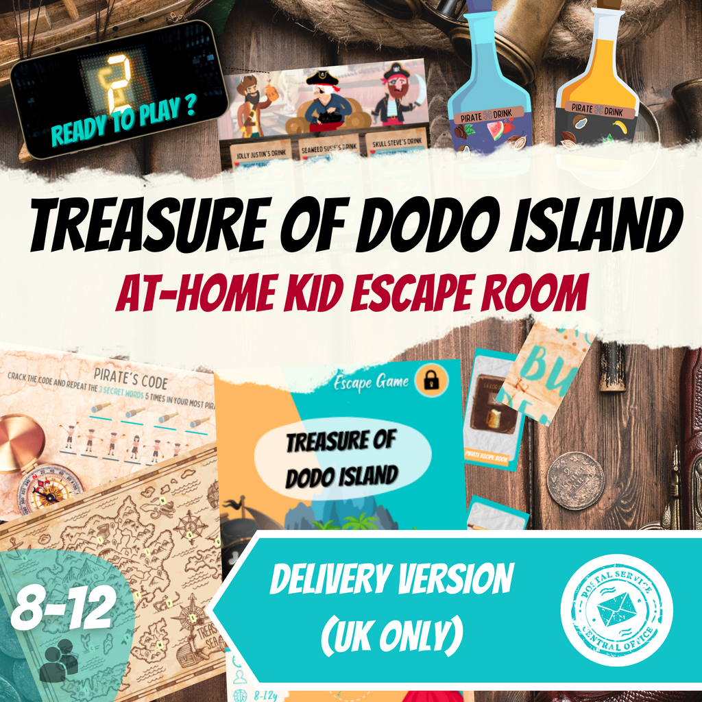 Escape Room Game kit for kids perfect for children birthday parties : Treasure of Dodo Island. Home family pirate caribbean treasure hunt activity - cover