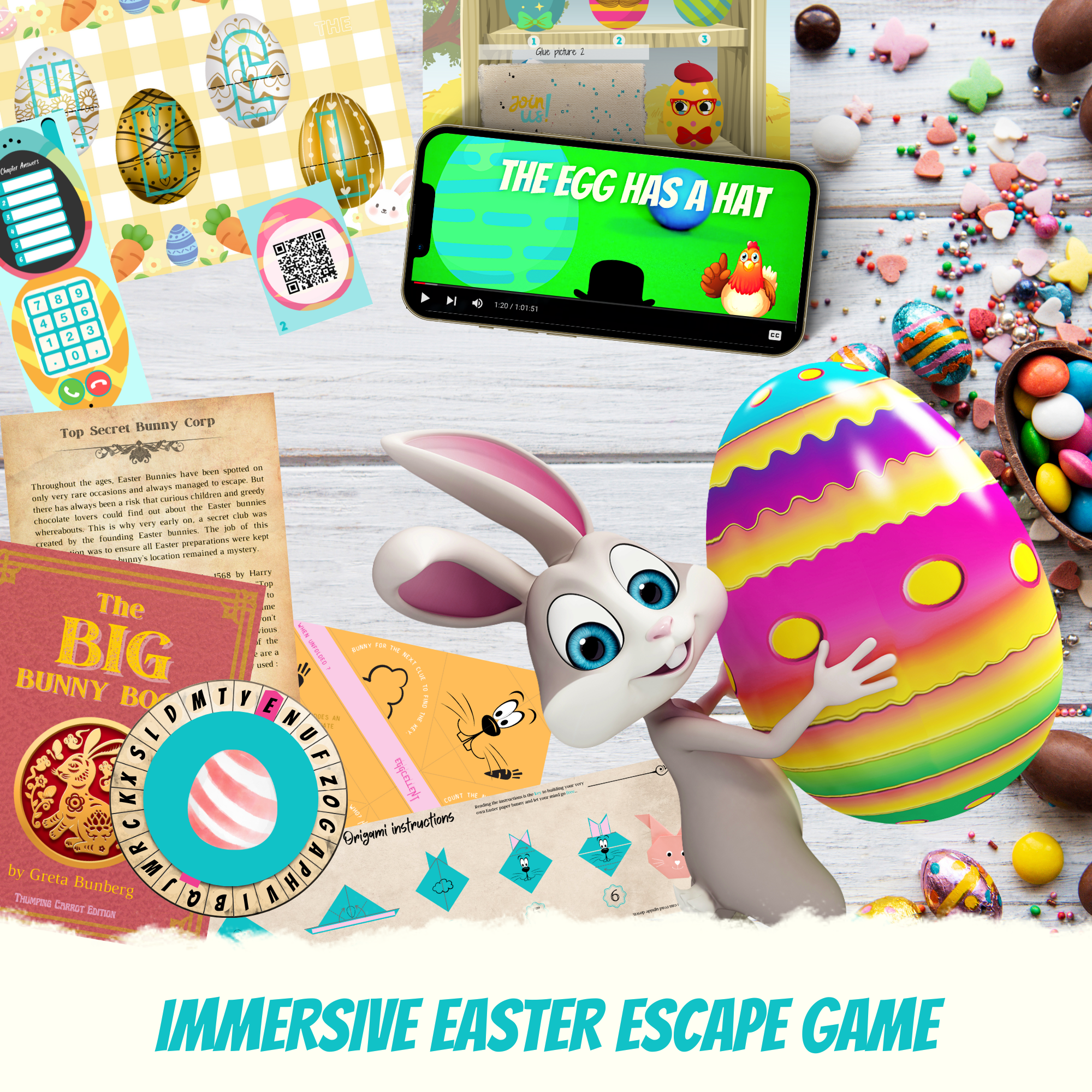 Escape Room Game kit for kids perfect for children birthday parties : Great Easter Escape. Home family easter bunny egg treasure hunt  activity -  mobile phone shot