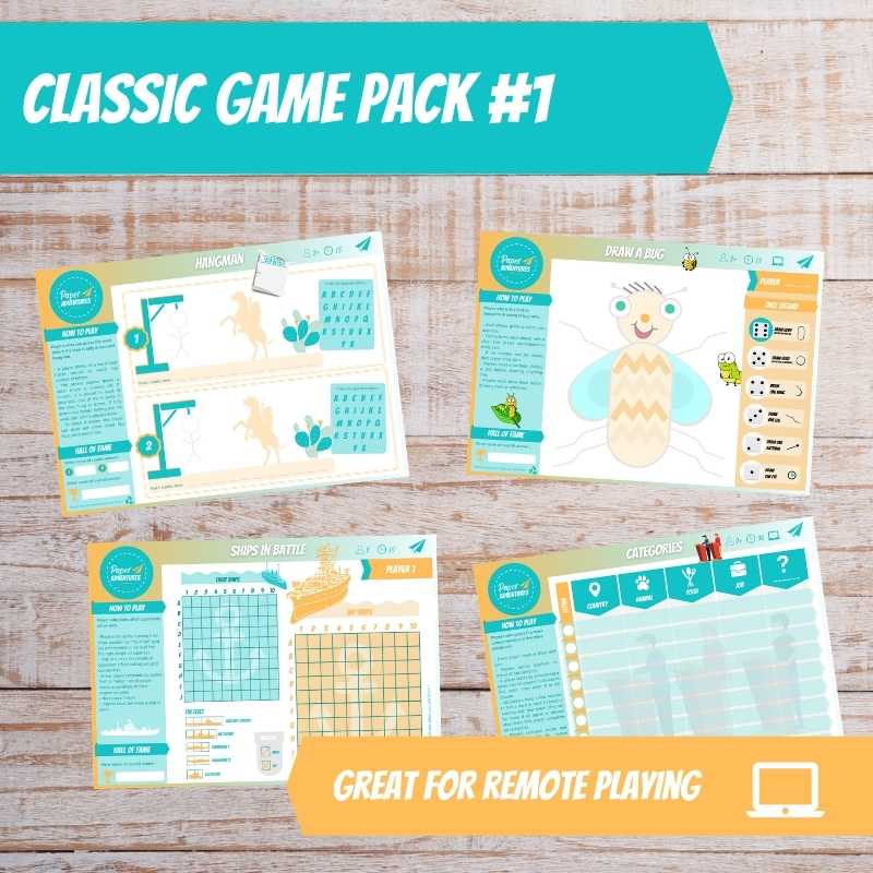 Paper adventures - draw a bub, categories, hangman and ships in battle - children and family classic printable game