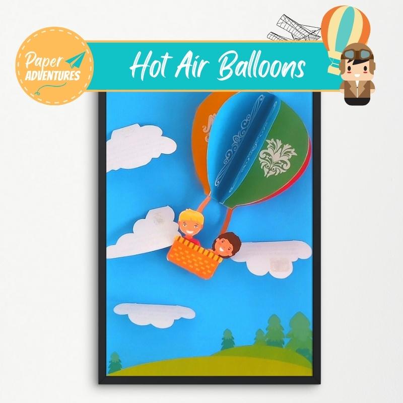 Paper adventures Da vinci's designs - children print at home activity information - picture of home made craft with colourful balloon and 2 children inside